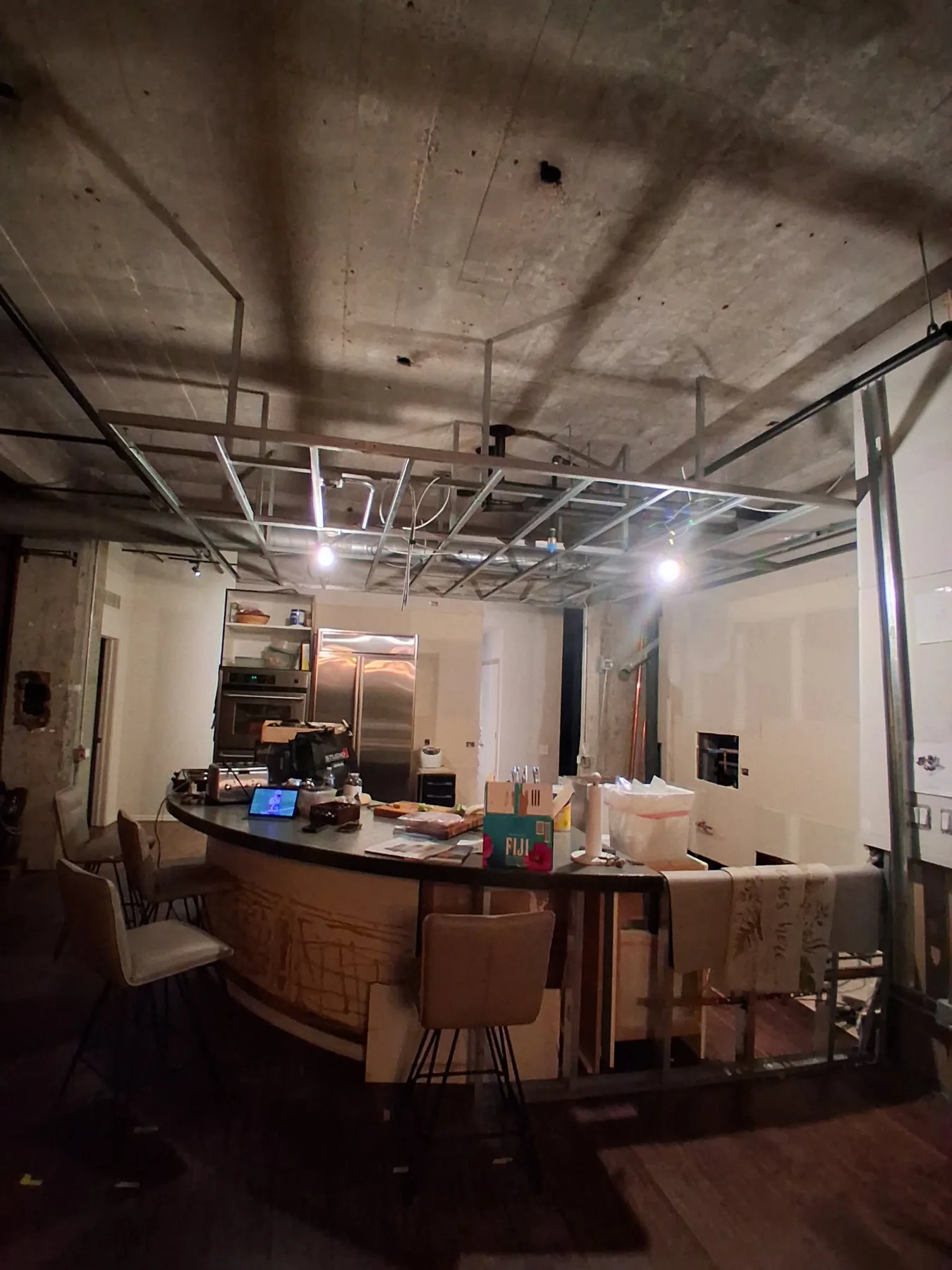 Kitchen and interior ceiling framing during renovation